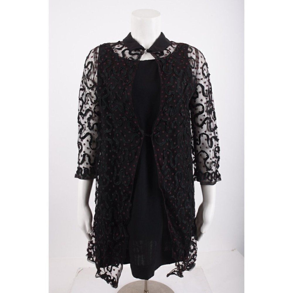 Vintage Toni Lynn Womans Dress Lace Ribbon Over Shirt Black Maroon Dots Mini